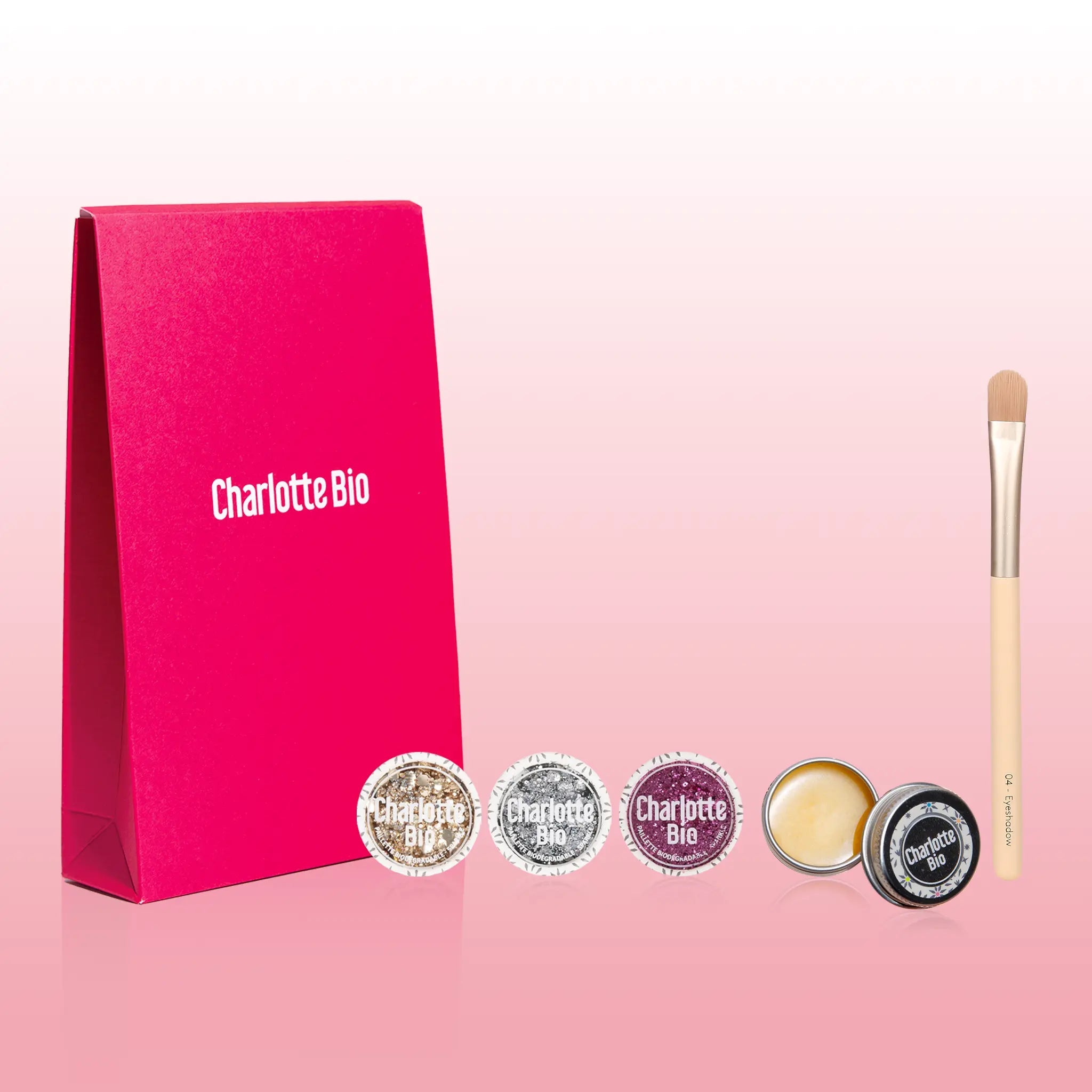 3701399703981 - Face glitter kit｜Goud, Zilver, Fushia + Borstel + Balsem - Charlotte Bio